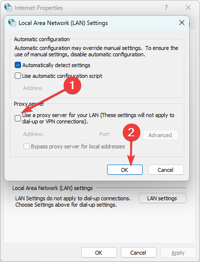 Отключение прокси для LAN