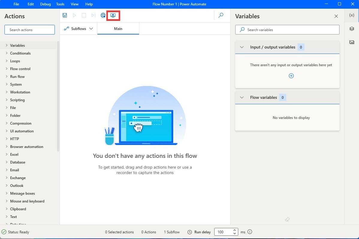 Кнопка записи рабочего стола в интерфейсе Power Automate