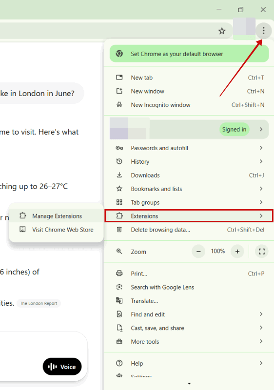 Переход в Управление расширениями в Chrome на ПК.