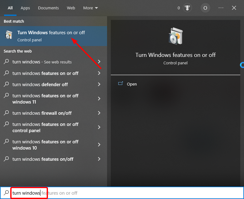 Окно включения компонентов Windows