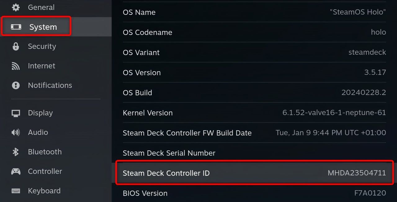 Steam Deck controller ID information.