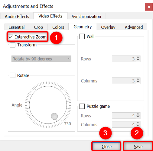 Включение опции интерактивного увеличения в VLC.