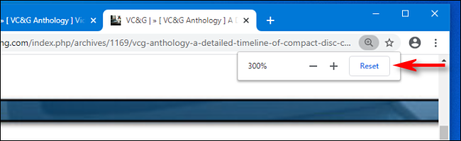 Кнопка сброса зума в Google Chrome.