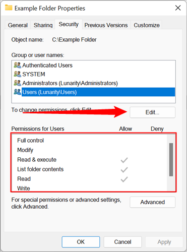 Вкладка 'Безопасность' в свойствах папки: проверка и изменение прав доступа группы 'Пользователи'.