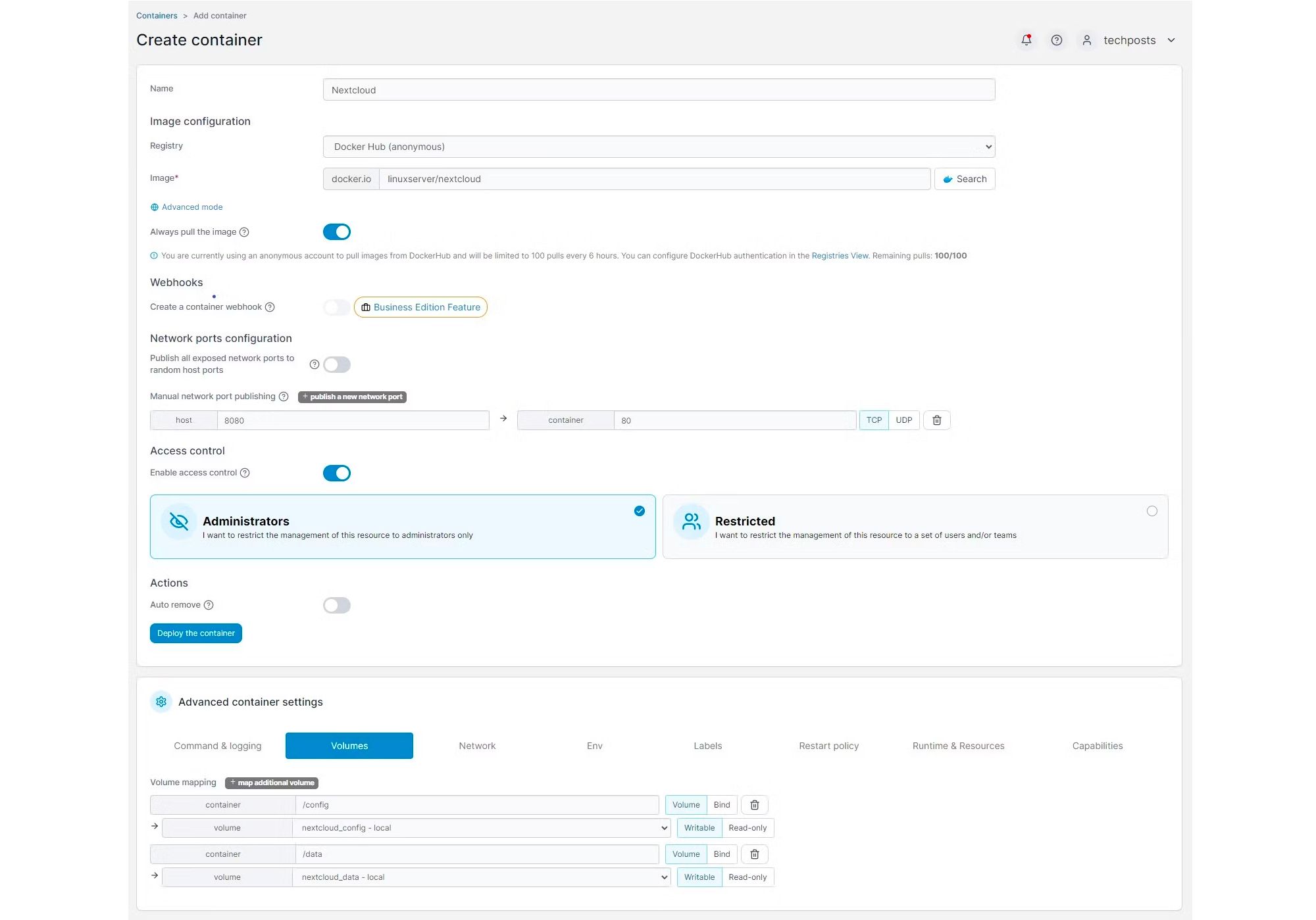 Развёртывание Nextcloud в Portainer