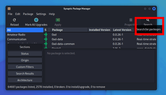Поиск пакетов в Synaptic