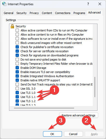 Параметры TLS в свойствах Интернета