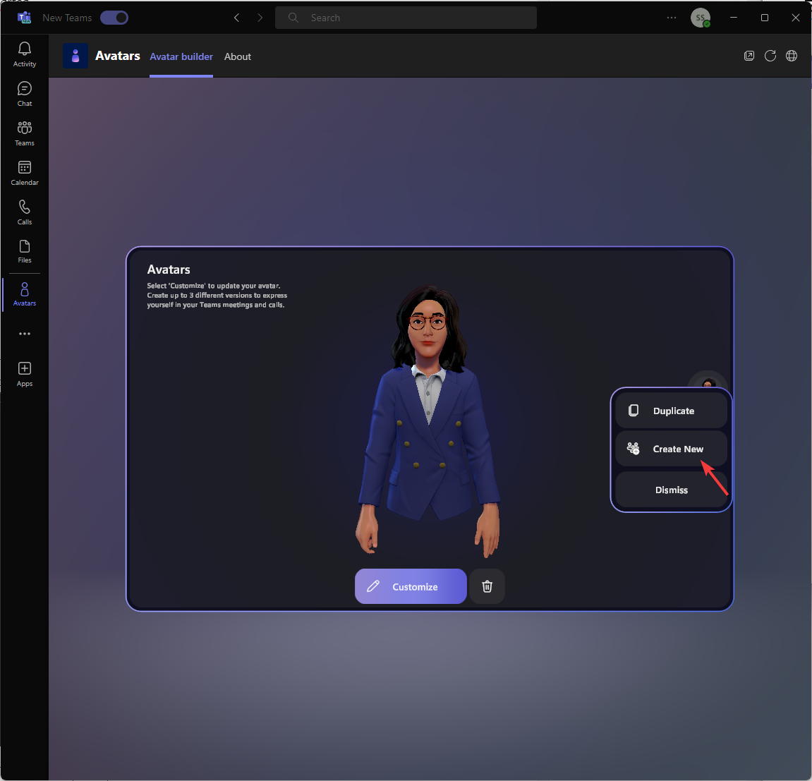 Добавление нового аватара через кнопку Create new