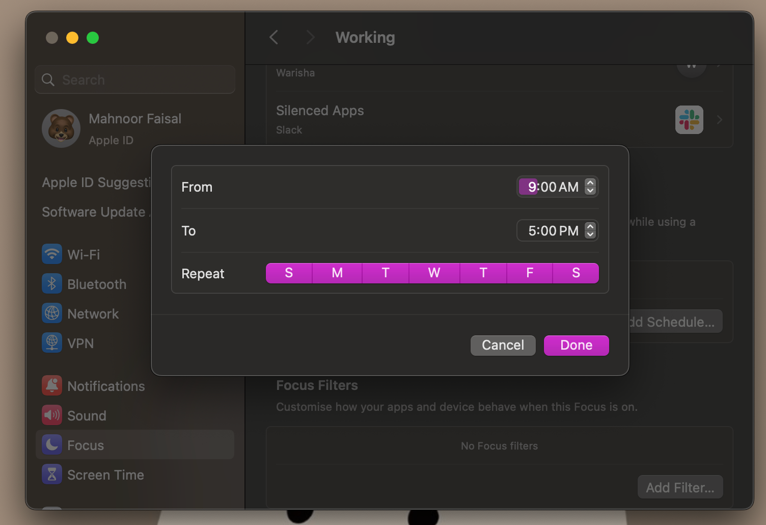 Настройка времени для режима Фокус в macOS