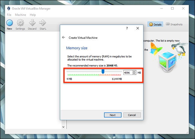 Настройка ОЗУ для виртуальной машины (рекомендуется 4096 МБ)