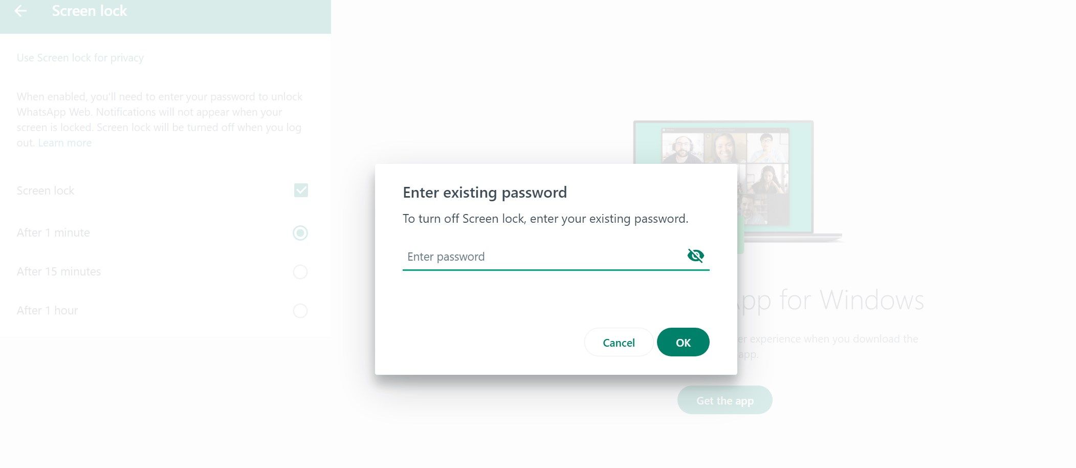 Turning off screen lock on WhatsApp Web.