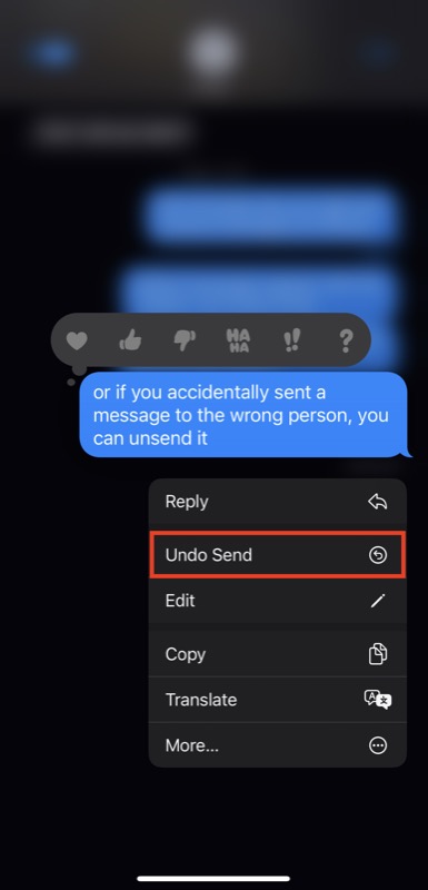 Пункт меню «Undo Send» при долгом нажатии на сообщение