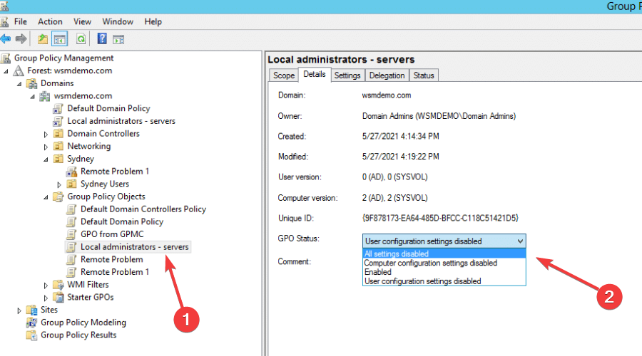 Статус GPO: все параметры отключены