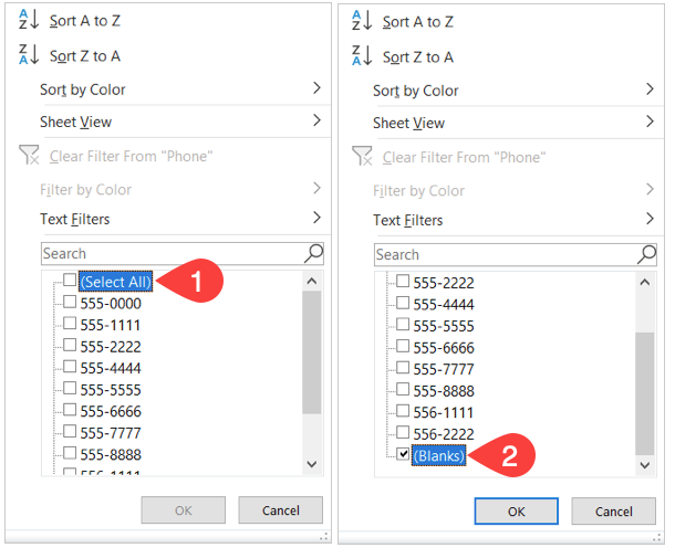 Снимите отметку «Выбрать всё» и активируйте «Пустые»