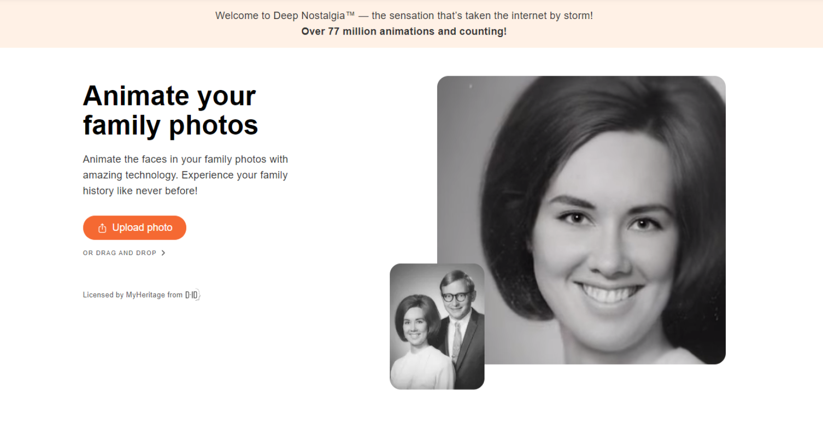 Интерфейс Deep Nostalgia на MyHeritage