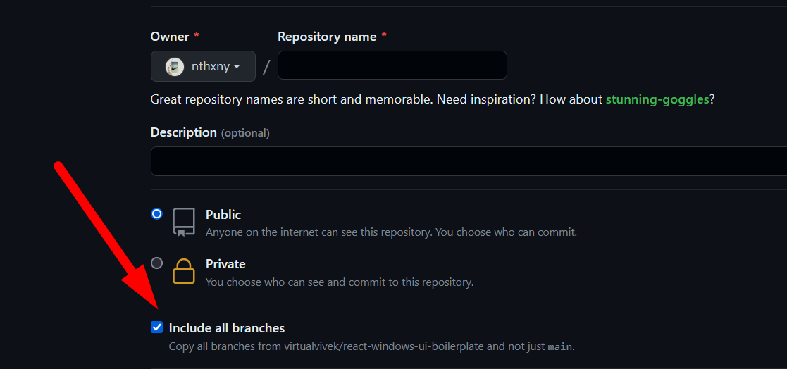 Окно создания репозитория на основе шаблона с опцией включения всех веток