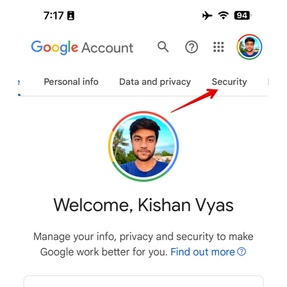 Панель управления аккаунтом Google, выделена вкладка «Безопасность».