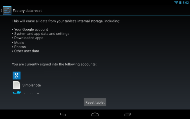 Сброс Nexus 7 к заводским настройкам — экран Настроек