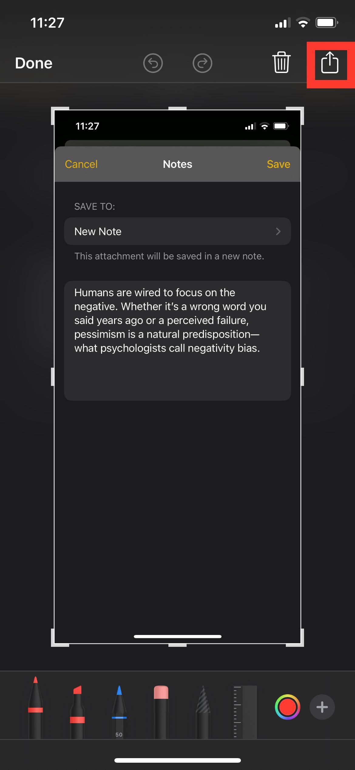 Кнопка Поделиться для скриншота в Notes