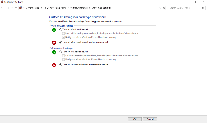 Параметры включения или отключения брандмауэра Windows