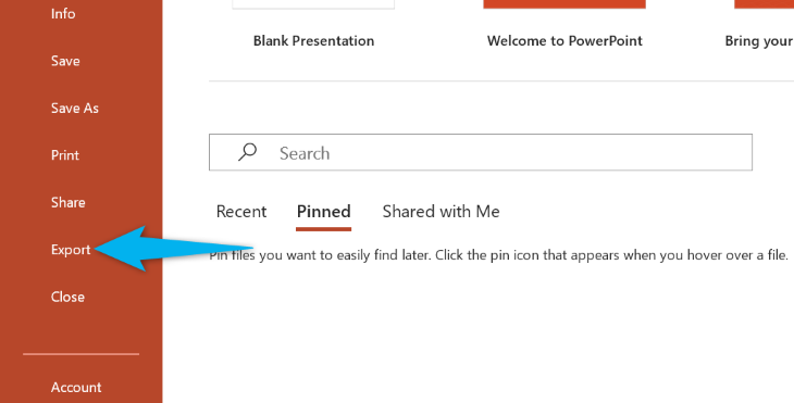 Выберите «Экспорт» в левой панели.