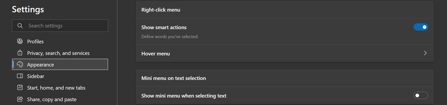 Отключение мини‑меню в настройках Microsoft Edge