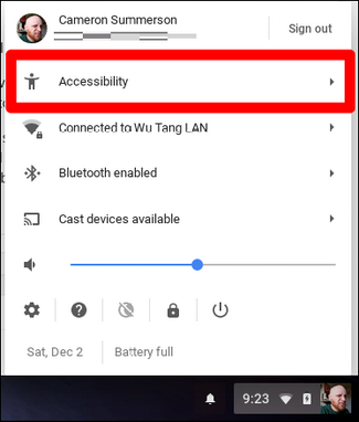 Выдвижное меню доступности в системном трее Chromebook