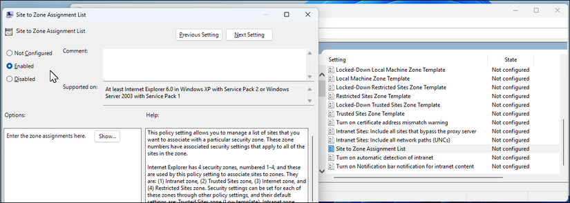 Параметры политики «Список назначения сайтов по зонам» в Редакторе локальной групповой политики
