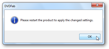 Окно с просьбой перезапустить DVDFab после изменения настроек