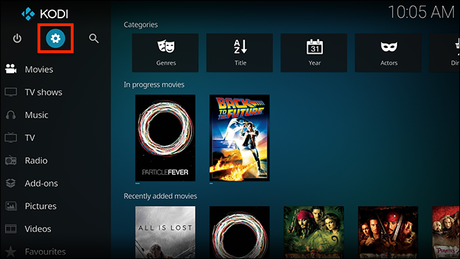 Кнопка настроек Kodi (шестерёнка)