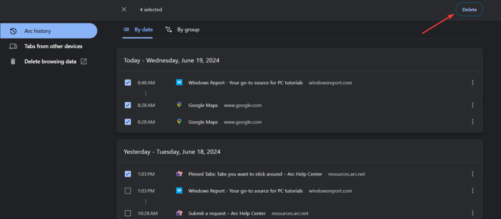 Выделение элементов истории и кнопка удаления в Arc