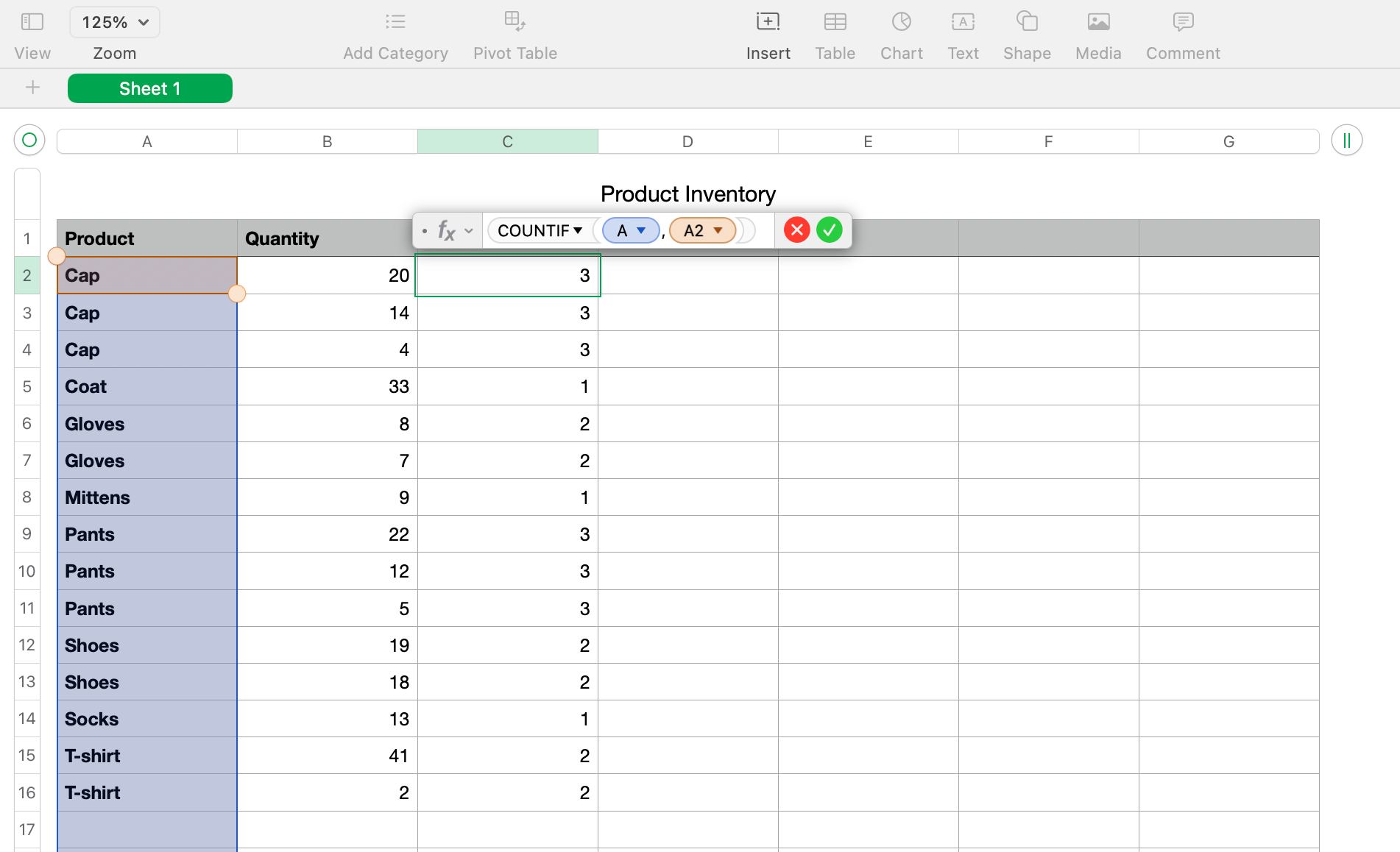 COUNTIF формула для поиска дубликатов в Numbers