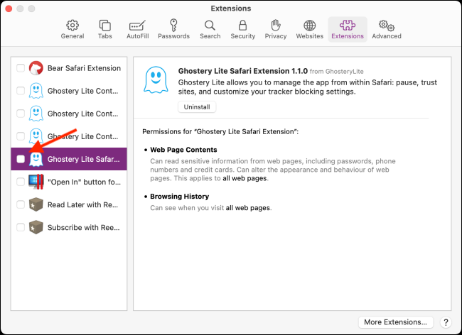 Нажмите флажок рядом с расширением, чтобы включить его