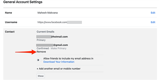 Нажмите «Удалить» под адресом электронной почты, который хотите убрать из аккаунта.