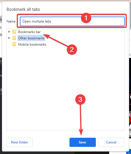 Папка закладок и опция «Открыть все»