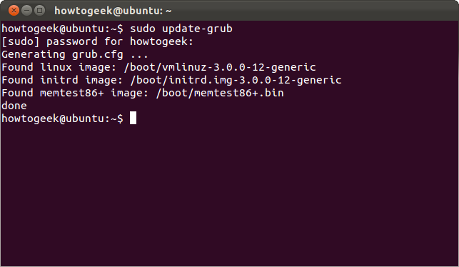 Запуск update-grub в терминале