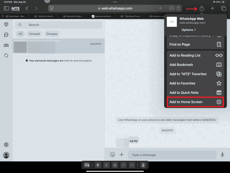 Опция «Добавить на главный экран» в Safari для WhatsApp Web