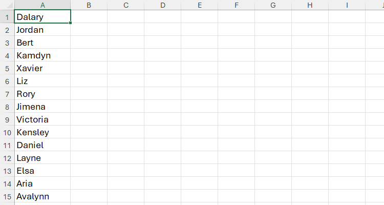 Рабочий лист Excel с именами в столбце A.