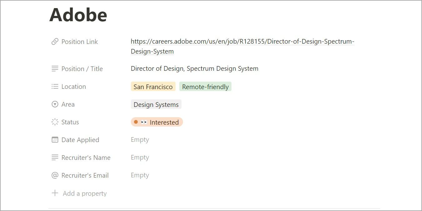 Пример записи о вакансии Adobe в Notion