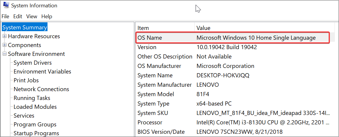 Панель 'Сводка системы' с указанием версии Windows