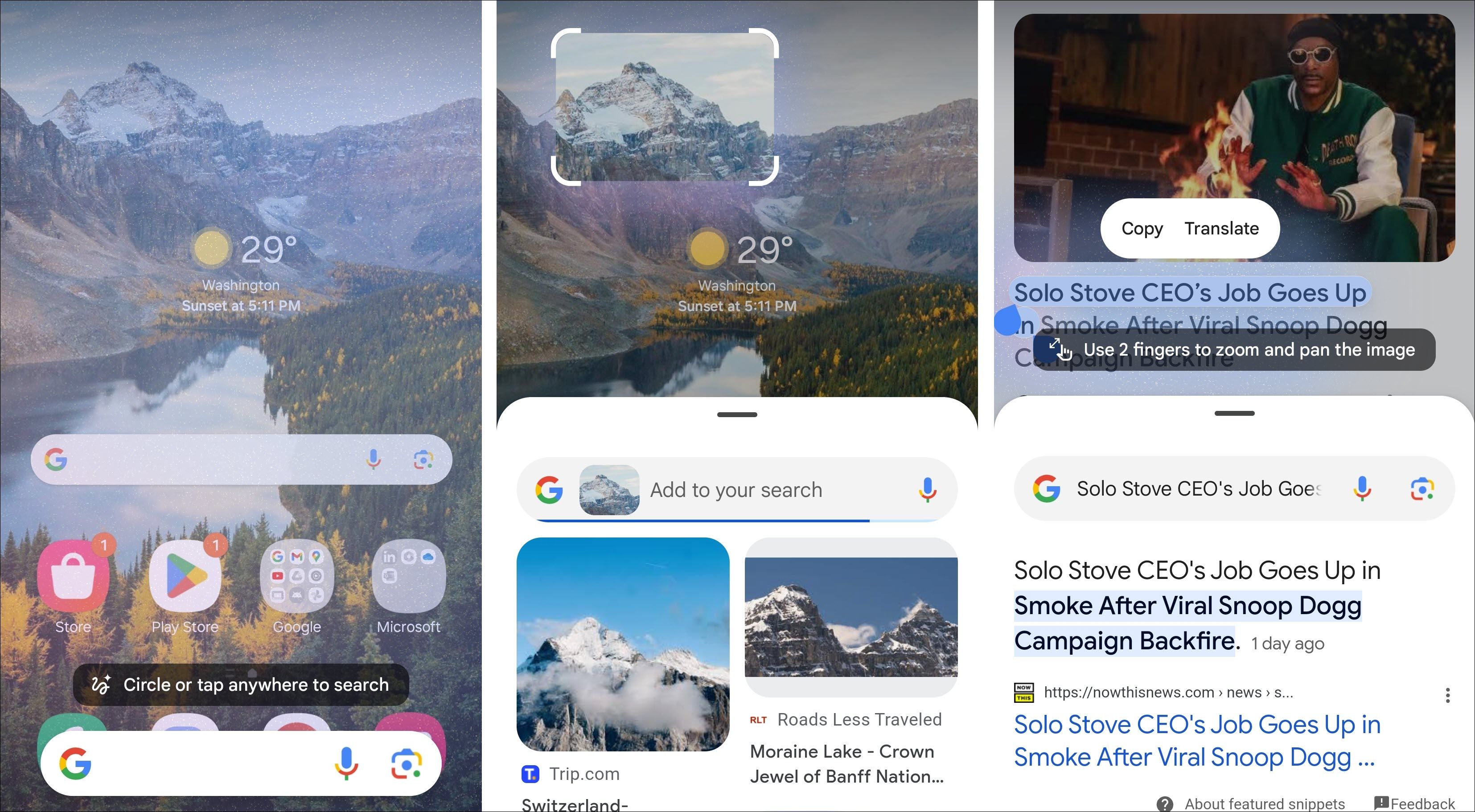 Скриншоты работы Circle to Search: выделение и результаты поиска