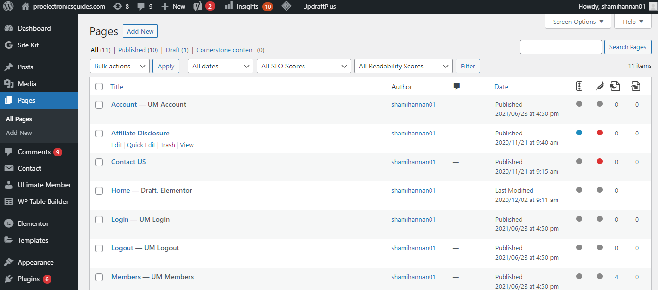 Список страниц и опция редактирования в консоли WordPress