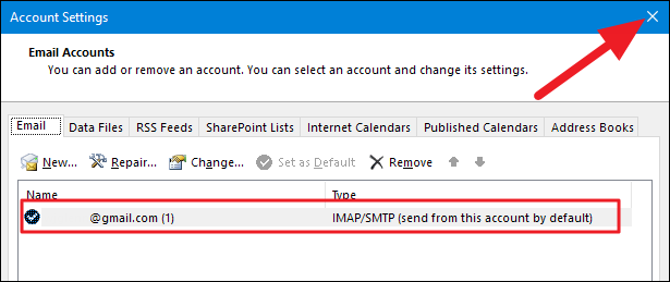 Список аккаунтов в Outlook с добавленным Gmail