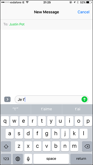 Пример автокоррекции при вводе французского текста на iPhone