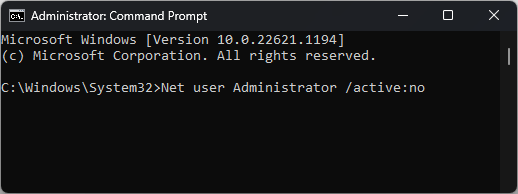 Команда отключения встроенного администратора