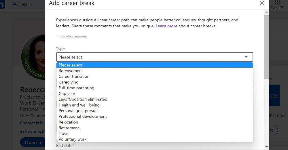 Выбор категории перерыва в LinkedIn при добавлении записи