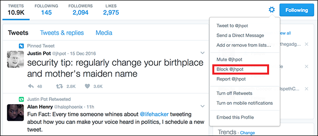 Меню профиля с опцией заблокировать пользователя