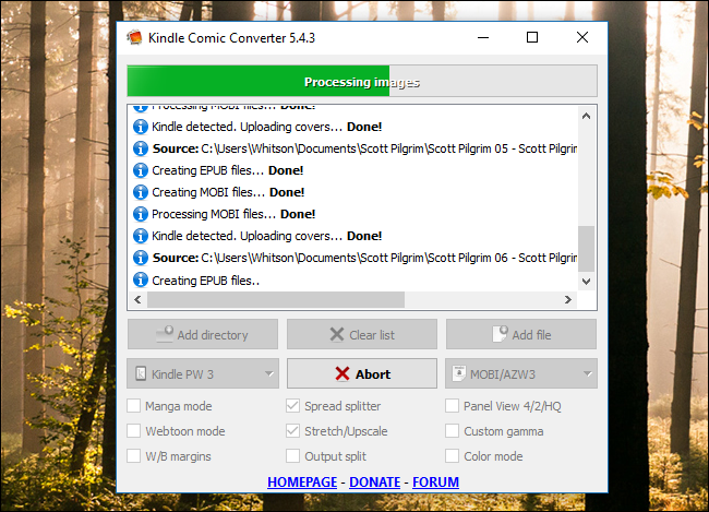Статус завершённой конвертации в Kindle Comic Converter