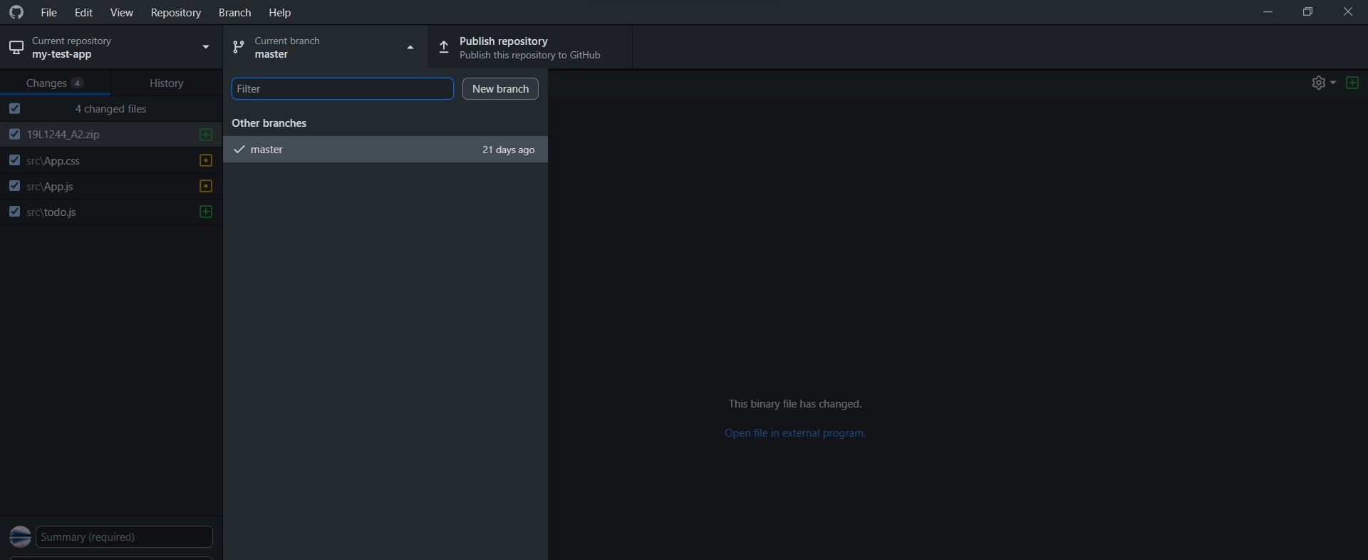 Процесс создания новой ветки в GitHub Desktop