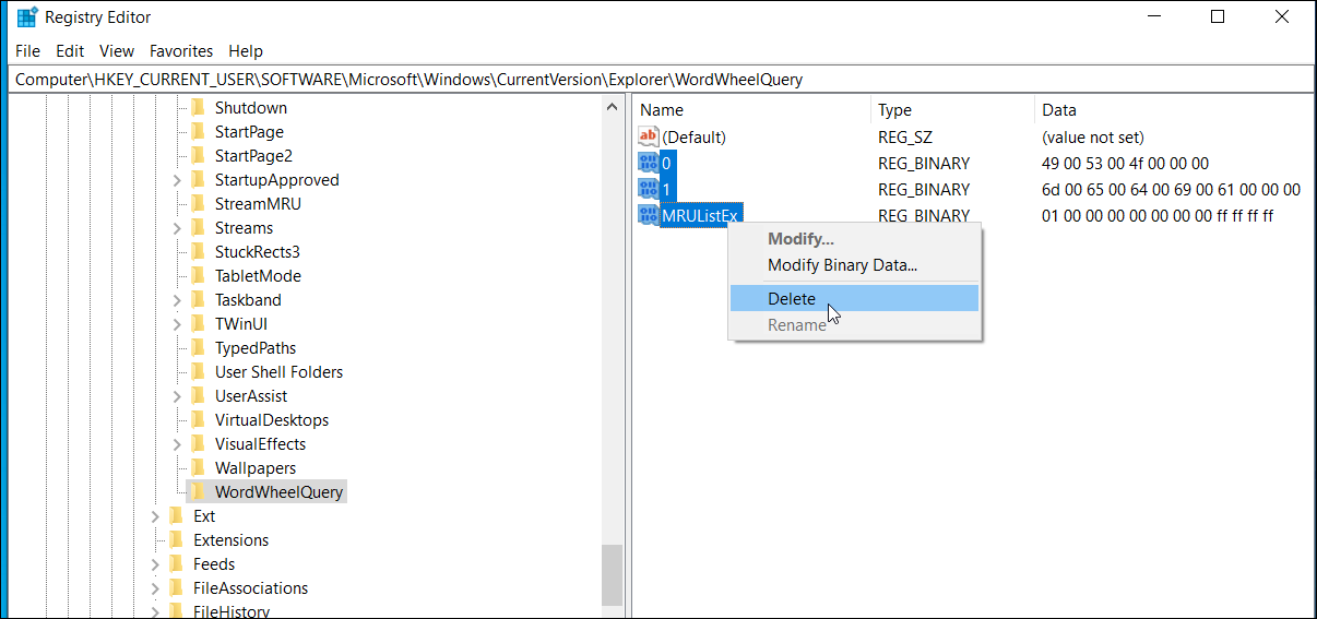 Удаление записей WordWheelQuery в редакторе реестра
